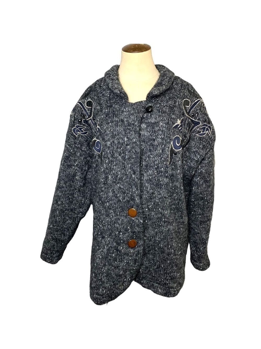 Vintage 80's Knit Cardigan Jacket Sz S Oversized Black Gray Wool Blend Retro
